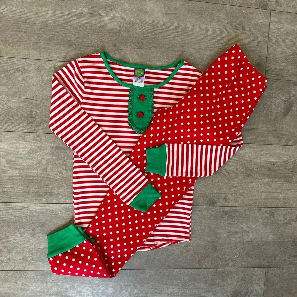 New Dollie & Me Girls Ultra Soft Polka Dot Stripes Red White Green Pajama Set